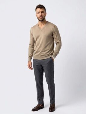 Lanvin VTG V-Neck Silk Blend Sweater, long sleeves, ribbed cuff/hem, tan, EUC, M